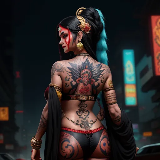 a woman with tattoos and a black outfit on a city street at night with neon signs behind her and a neon sign in the background, by Edmond Xavier Kapp