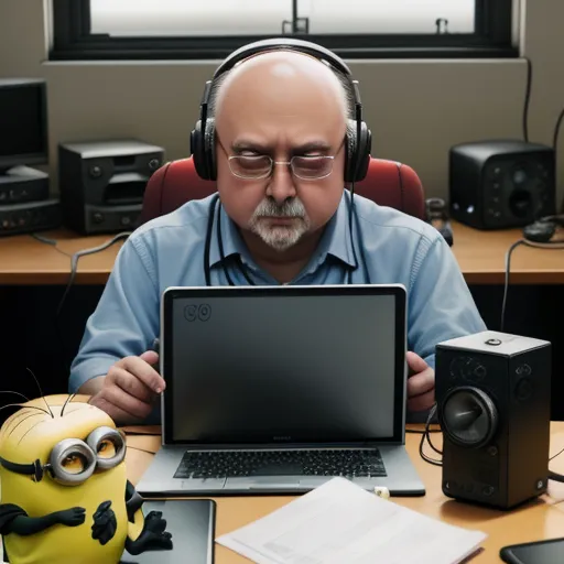 ai-generated images from text - a man wearing headphones sitting at a desk with a laptop and minion toy in front of him, by Hendrik van Steenwijk I