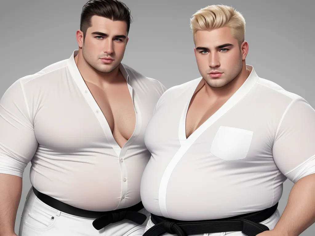 two men in white shirts and black belts posing for a picture together, both with their arms around each other, by Gatōken Shunshi