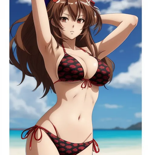 a woman in a bikini on a beach with a hat on her head and a blue sky in the background, by Toei Animations