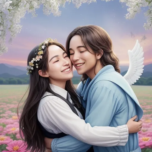 ai image editor - a couple of people that are hugging each other in a field of flowers with a sky background and flowers, by Chen Daofu