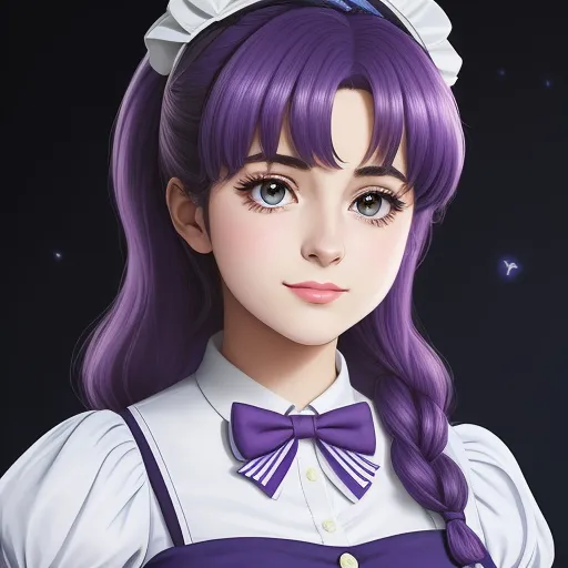 a girl with purple hair and a bow tie wearing a white shirt and purple dress with stars in the background, by Sailor Moon