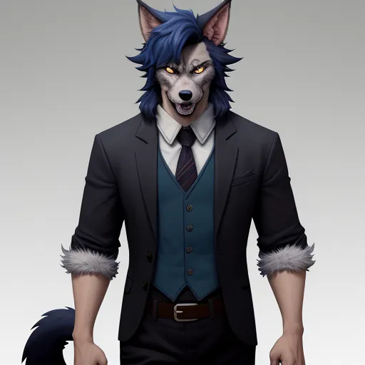 a wolf in a suit and tie with blue hair and a black suit with a white shirt and a black tie, by Bakemono Zukushi
