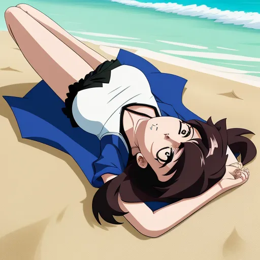 a woman laying on the beach with a blue umbrella over her head and a blue umbrella over her head, by Toei Animations