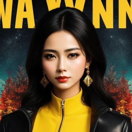 text to ai image generator - a woman in a yellow top and black jacket with a yellow background and a yellow background with a black and red background, by Chen Daofu