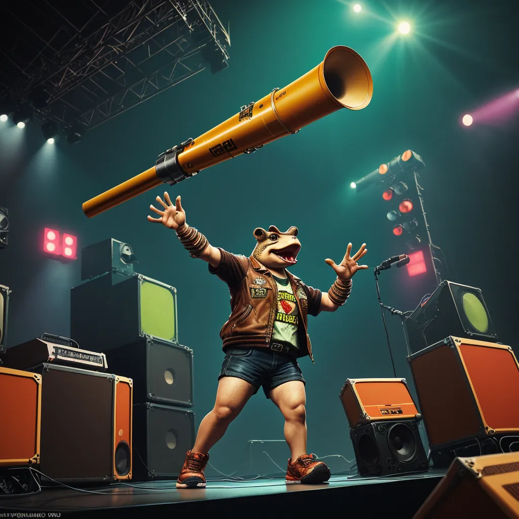 a cartoon character holding a large telescope on a stage with other musical instruments in the background and a speaker on the stage, by Amandine Van Ray