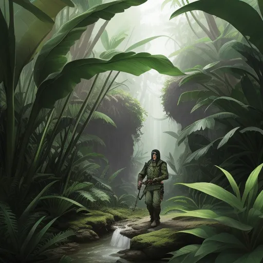 a man in a jungle with a rifle in his hand and a stream running through the jungle behind him, by Andy Fairhurst