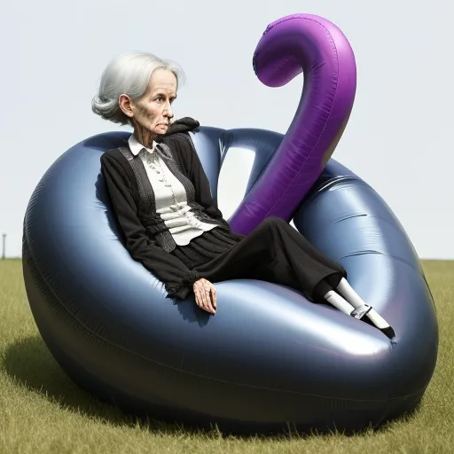 a woman sitting on a large inflatable chair in a field of grass with an inflatable purple object, by Kaws