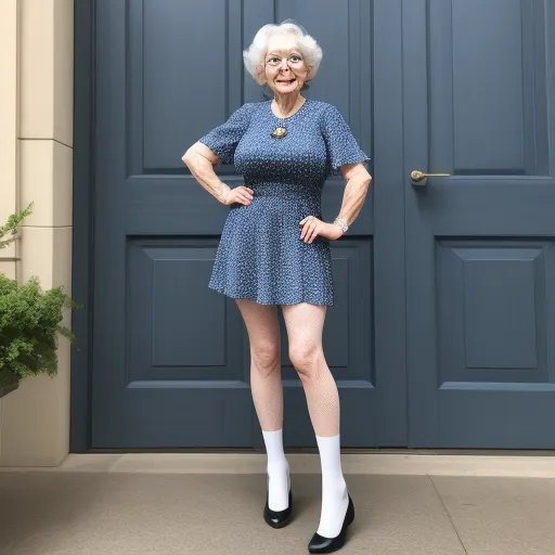 word to image generator ai - a woman in a blue dress standing in front of a blue door with white socks and a gold necklace, by Alec Soth