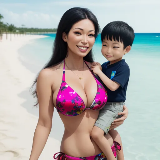 a woman in a bikini holding a boy on a beach with blue water in the background and a blue sky, by Chen Daofu