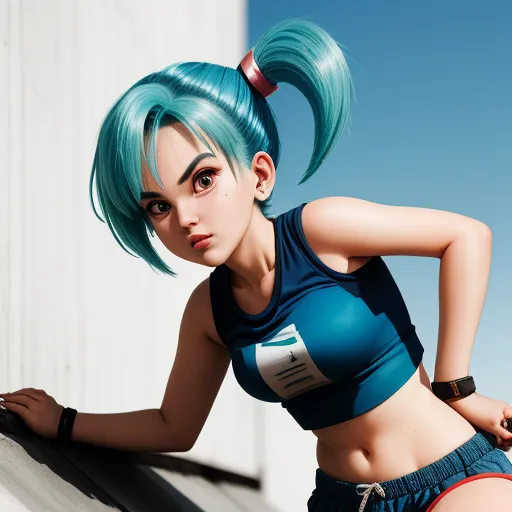 a woman with blue hair and a blue top leaning on a wall with her hands on her hips and looking at the camera, by Akira Toriyama
