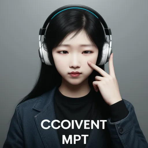 text image generator ai - a woman with headphones on her head is pointing to the side of her head with the words couvent mpt, by Chen Daofu