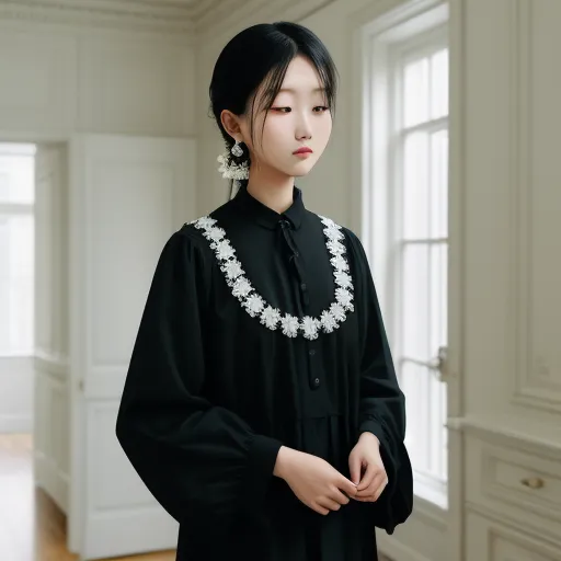 a woman in a black dress standing in a room with a window and a wooden floor with a white trim, by Chen Daofu