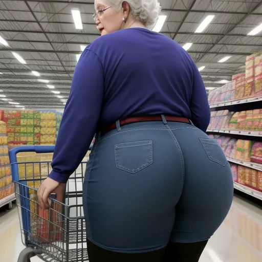 translate image online - a woman in a blue shirt and jeans pushing a shopping cart in a store aisle with a lot of shelves of food, by Botero