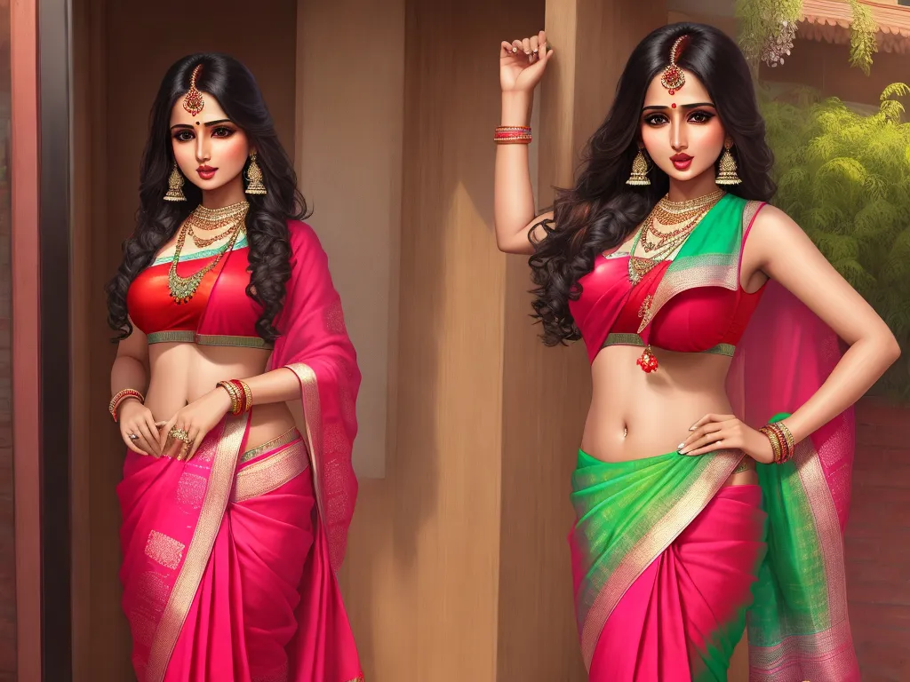 4k hd photo converter - a woman in a pink and green sari with a green and red blouse on and a red and green sari on, by Raja Ravi Varma