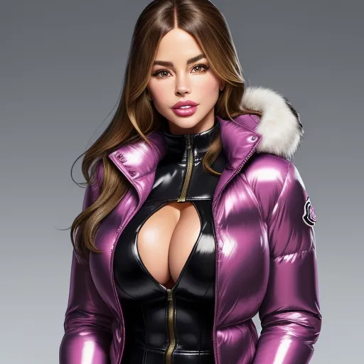 best ai text to image generator - a woman in a shiny purple jacket with a fur collar and hood on her head, posing for a picture, by Hirohiko Araki