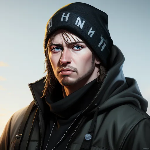 a man with a beanie and a jacket on is staring at the camera with a serious look on his face, by Lois van Baarle