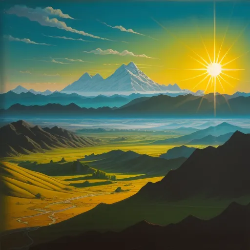 high resolution image - a painting of a mountain range with a sun setting over it and a river running through it, and a valley below, by David A Hardy