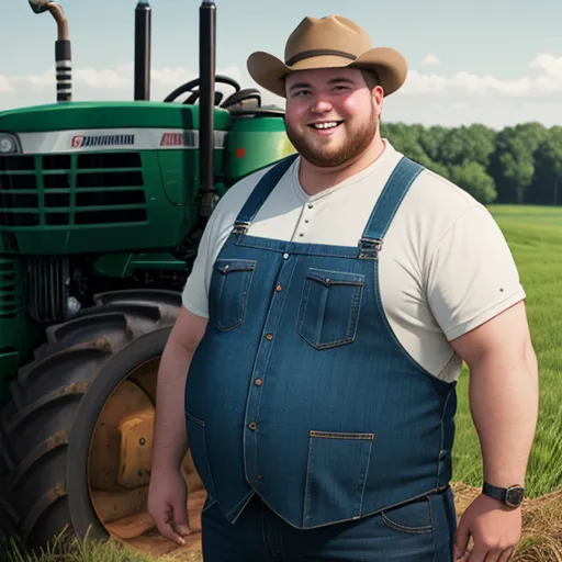 4k picture converter free - a man in overalls and a hat standing in front of a tractor in a field of grass with trees in the background, by Hendrik van Steenwijk I