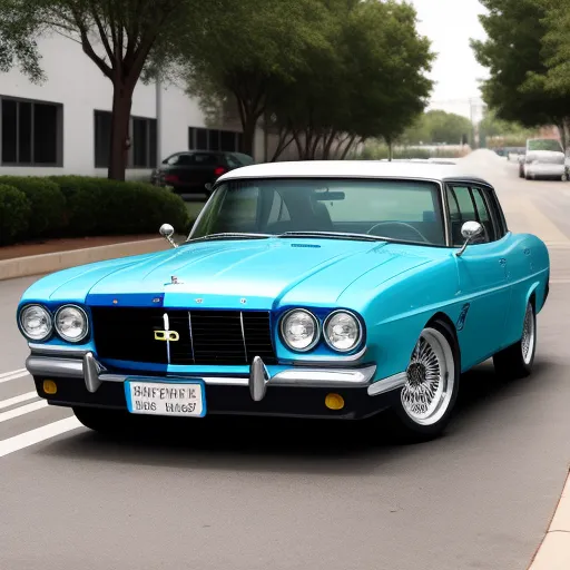 increase resolution of image - a blue car is driving down the street in a parking lot with trees and buildings in the background and a sign on the front of the car, by Dan Smith