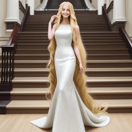 a woman in a white dress standing in front of a staircase with long blonde hair in her hand and a long flowing hair in her other hand, by Sailor Moon