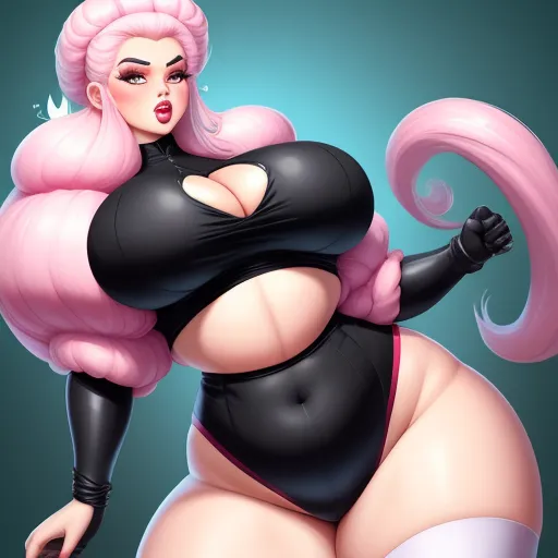 how to increase image resolution - a cartoon of a woman with pink hair and a black outfit with pink hair and a pink wig and a black top, by Lois van Baarle