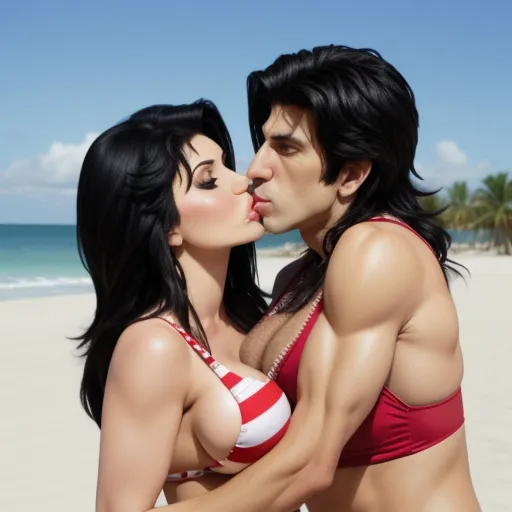 a man and woman kissing on the beach with the ocean in the background and a blue sky in the background, by David LaChapelle