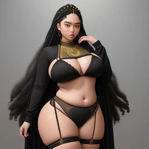 how to increase photo resolution - a woman in a black and gold lingerie with a black cape on her head and a black scarf on her shoulder, by Terada Katsuya