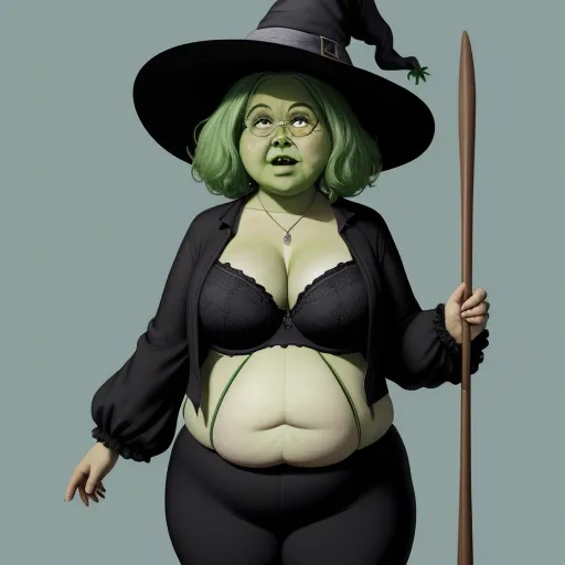 increase resolution of image - a woman in a witches costume holding a broom and a hat on her head, with a green hair and green eyes, by Hayao Miyazaki