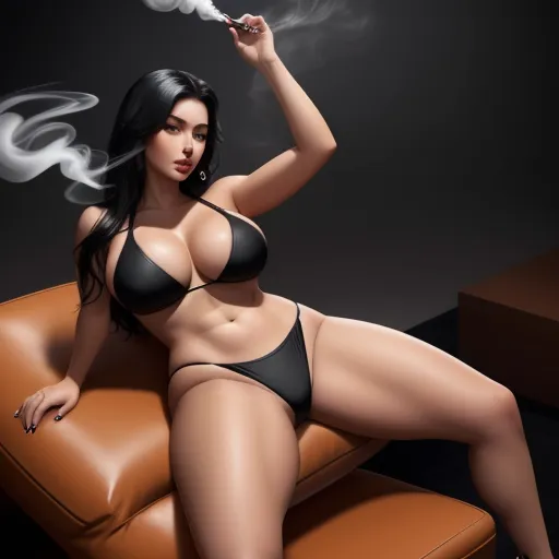 free online upscaler - a woman in a bikini smoking a cigarette on a couch with a leather chair behind her and a black background, by Terada Katsuya