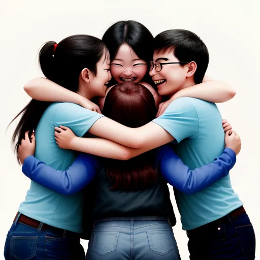 ai text to image generator - three girls hugging each other while they are wearing blue shirts and jeans and jeans pants and jeans and a blue shirt, by Liu Ye