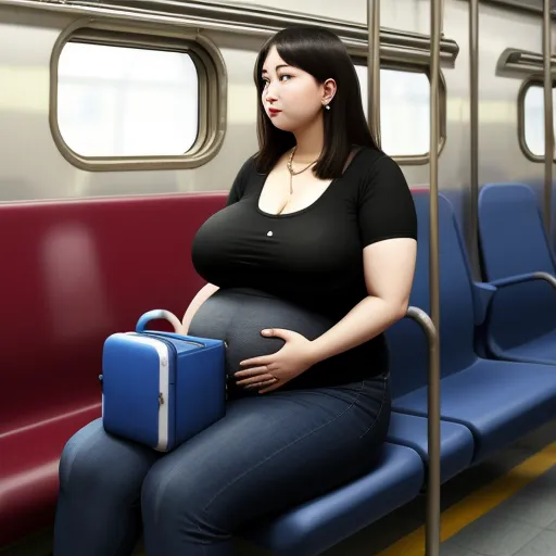 a pregnant woman sitting on a train holding a suitcase and looking at the camera with a surprised look on her face, by Naomi Okubo