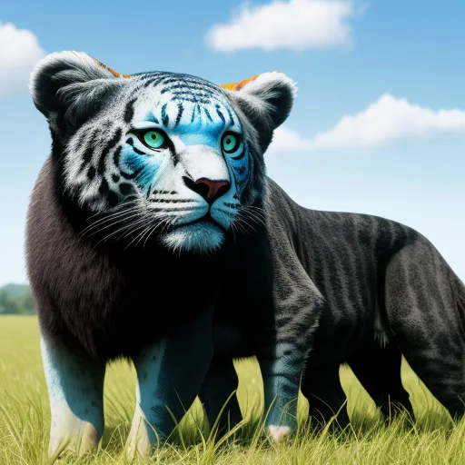 ai image generators - a black and white tiger and a blue tiger in a field of grass with a sky background and clouds, by Lisa Frank