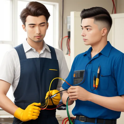 two men in blue shirts and yellow gloves are looking at a piece of electrical equipment in a kitchen area, by Baiōken Eishun