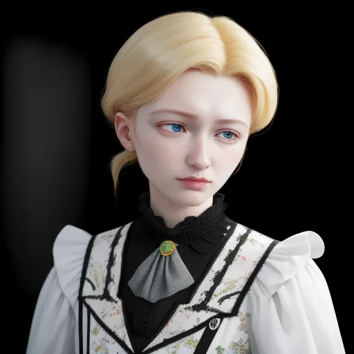 best ai image app - a doll with blonde hair and a black shirt and a green brooch on her neck and a black background, by E. T. A. Hoffmann