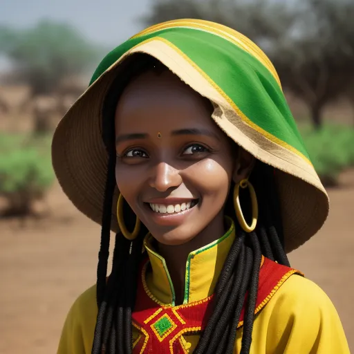 ai generate image - a woman with a hat and braids smiles for the camera while wearing a yellow shirt and green and yellow hat, by Heinz Edelmann