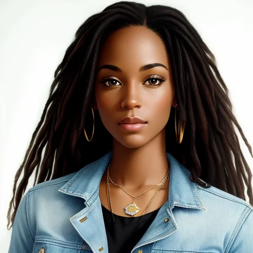 a black woman with dreadlocks and a denim jacket on a white background with a gold necklace and earrings, by Dan Smith