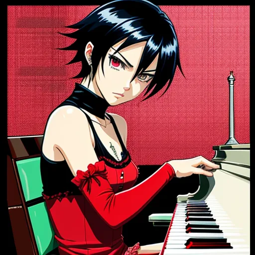 text to ai image generator - a woman in a red dress playing a piano with a red background and a red wall behind her,, by Terada Katsuya