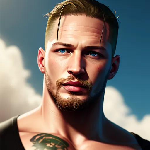 text to ai image generator - a man with a goatee and a tattoo on his chest and chest, in a black tank top, by Lois van Baarle