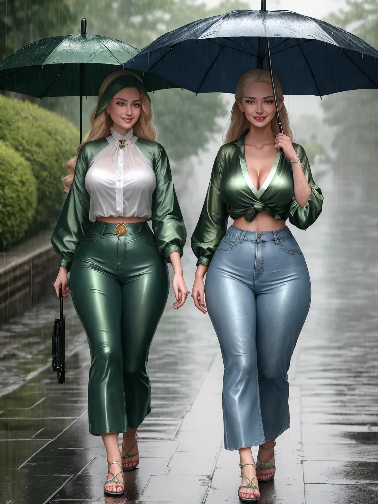 ai image generator dall e - two women walking down a street holding umbrellas in the rain, one of them is wearing a green outfit, by Hirohiko Araki