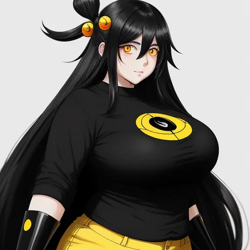 a woman with long black hair and yellow pants is wearing a black shirt with a yellow circle on it, by theCHAMBA
