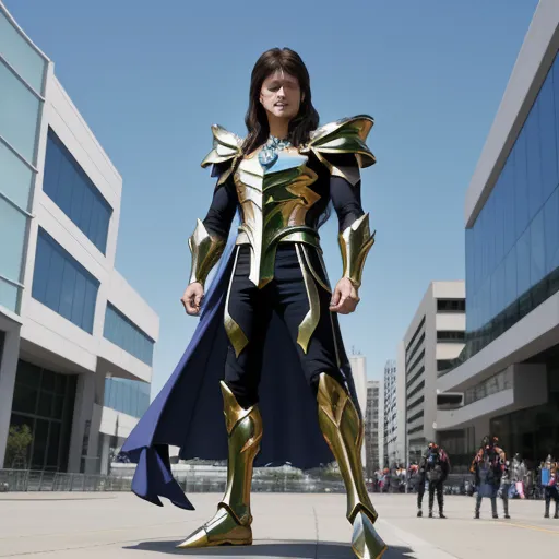 a woman in a costume standing in a courtyard with a blue cape and gold armor on her shoulders and a blue cape on her shoulders, by Sailor Moon