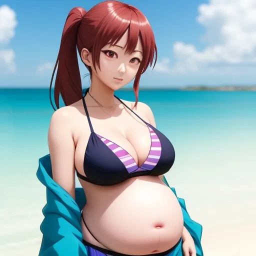 hd quality picture - a pregnant woman in a bikini on the beach with a towel around her waist and a blue sky in the background, by Terada Katsuya