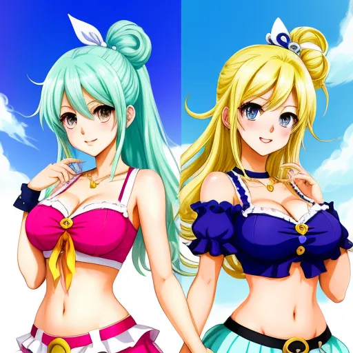text image generator ai - two anime girls with blonde hair and blue eyes, one in a pink top and one in a blue skirt, by Toei Animations