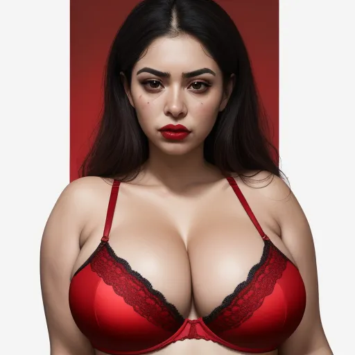 4k photo converter online - a woman in a red bra with a red bra top on her chest and a red bra with black lace, by Terada Katsuya