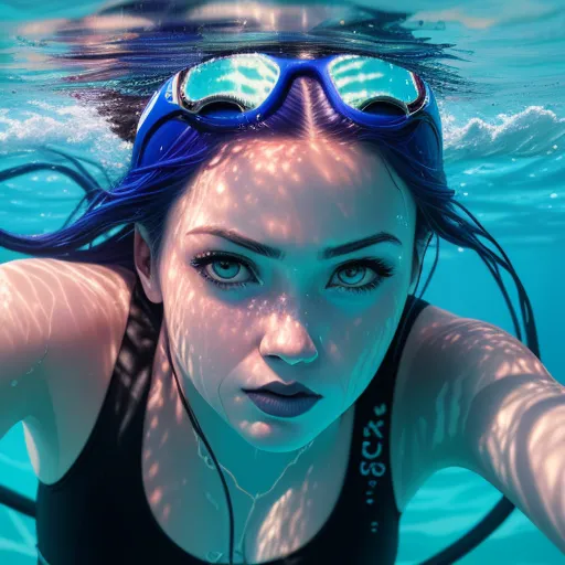 a woman wearing goggles and swimming in a pool of water with a camera on her head and a camera in her hand, by Lois van Baarle