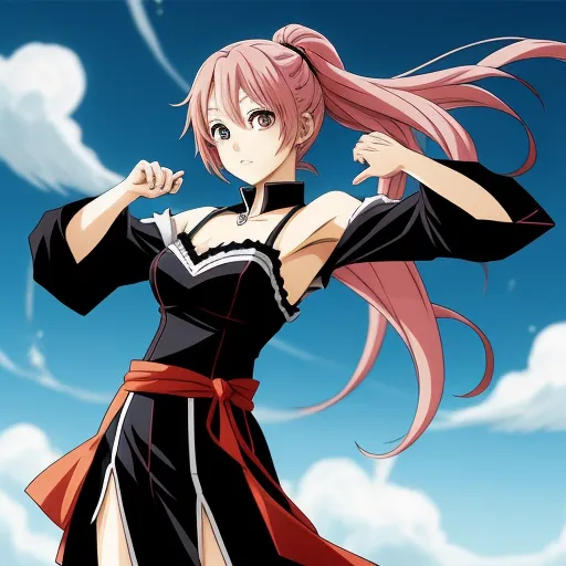 convert photo to 4k quality - a woman with pink hair and a black dress is standing in the sky with her arms outstretched and her hair blowing in the wind, by Hanabusa Itchō