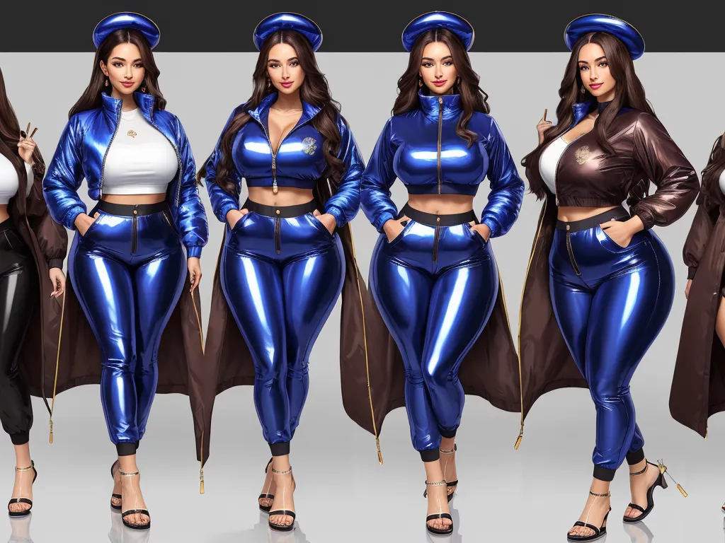 make a photo high res - a group of women in shiny blue outfits and capes, all standing in a row, all wearing high heels, by Botero