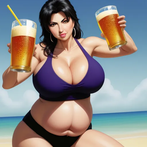 4k hd photo converter - a woman in a bikini holding two large glasses of beer on a beach with a sky background and a blue sky, by Terada Katsuya