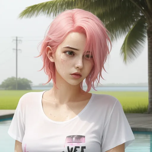 a woman with pink hair standing next to a pool of water with palm trees in the background and a palm tree in the foreground, by Taiyō Matsumoto